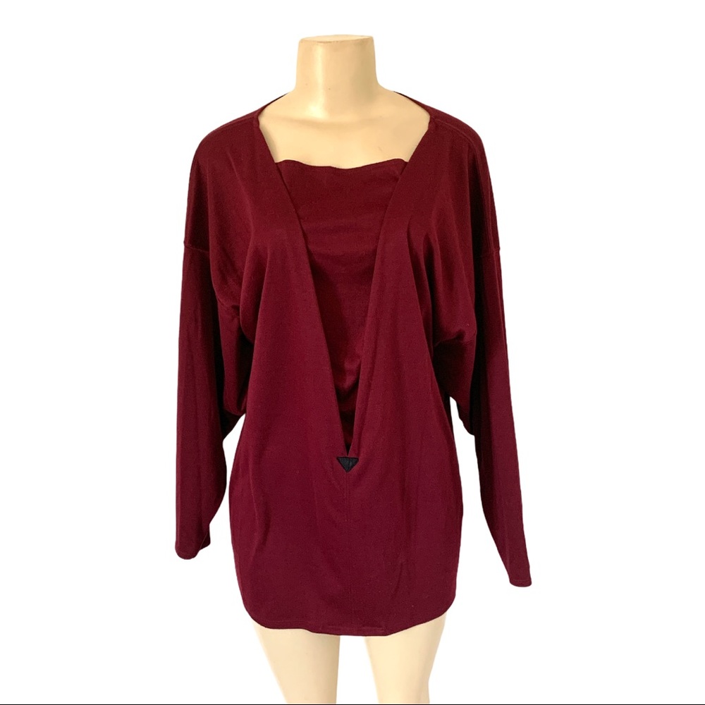Saulneir Burgundy Red PLUS 3X Lg Sleeve Solid Collar Front Wrap Tunic Top Shirt